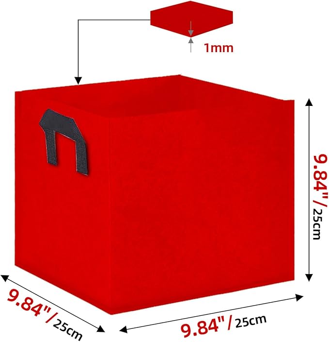 Square Grow Bags, Garden Fabric Planter Container with Handles Bed Flower Vegetables Pots 1MM Thickness Economic Colorful (Red,9.84x9.84x9.84 Square)