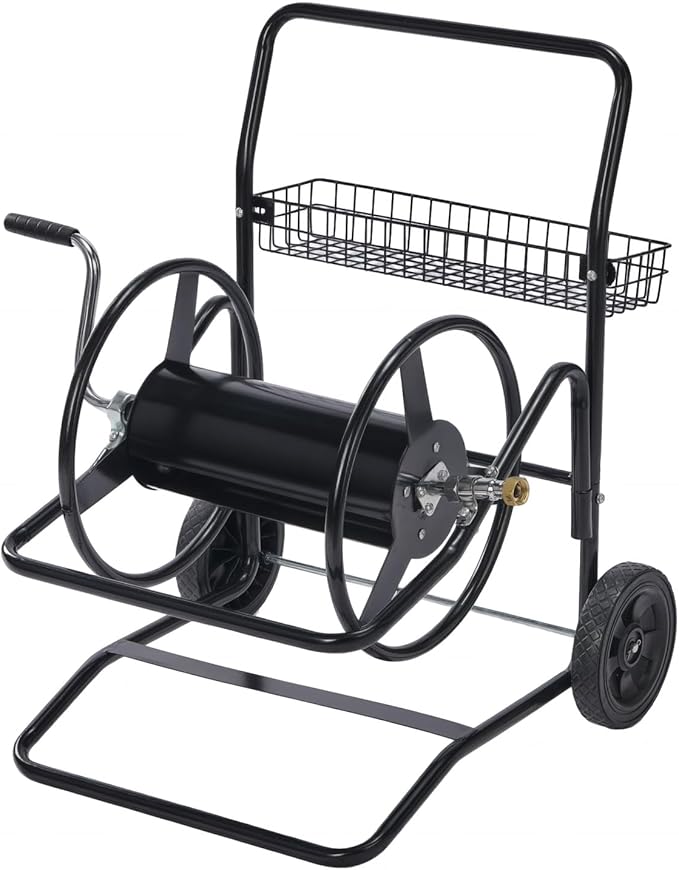 VINGLI 2-Wheel Garden Hose Reel Cart, Freestanding Water Hose Reel for Outside with Heavy Duty Portable Rolling Design Metal, 200FT Capacity for 3/4" Hose for Outdoor Use (Black)