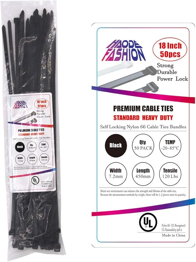 XL Long Large 18 Inch Black Cable Zip Ties Industrial Outdoor 50 Pack-120 Pounds Strong Ziptie Straps-Heavy Duty Zip Tirs Self-locking Cable Tie-Plastic Ties Garden Use(18",Black)