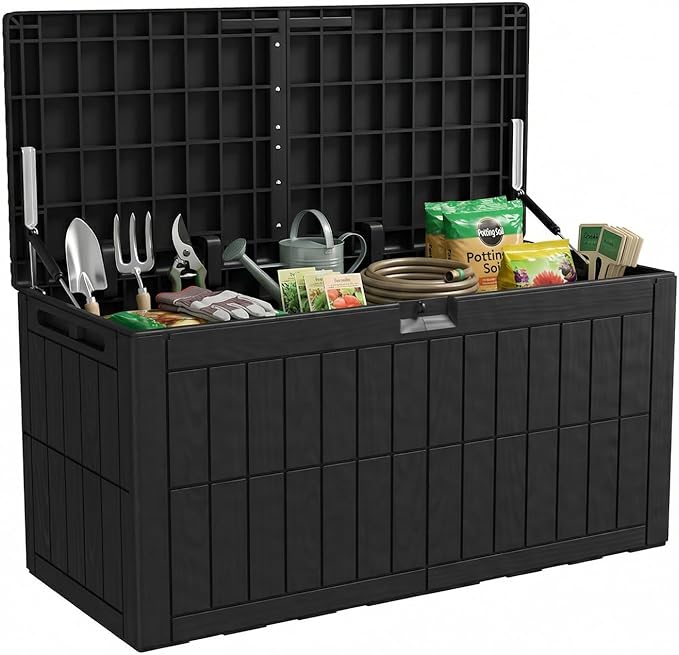 100 Gallon Outdoor Storage Box, Black Resin Deck Box, Lockable, Weather-Resistant, 48x24x21 in, for Cushions, Pool Accessories, Garden Tools