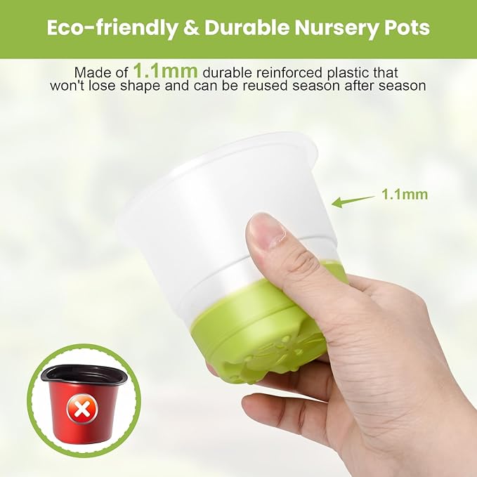 Sckee Clear Nursery Pots for Plants, 30 Packs Plastic Seed Starting Pots with Drainage Holes Plant Nursery Pots Silicone Base (Light Green, 4 inch with lids)