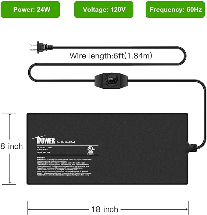 iPower 8x18 Inch Reptile Heating Pad with Adjustable Controller Knob, Under Tank Heater Mat for Turtles, Lizards, Snakes, Amphibians & Small Pets
