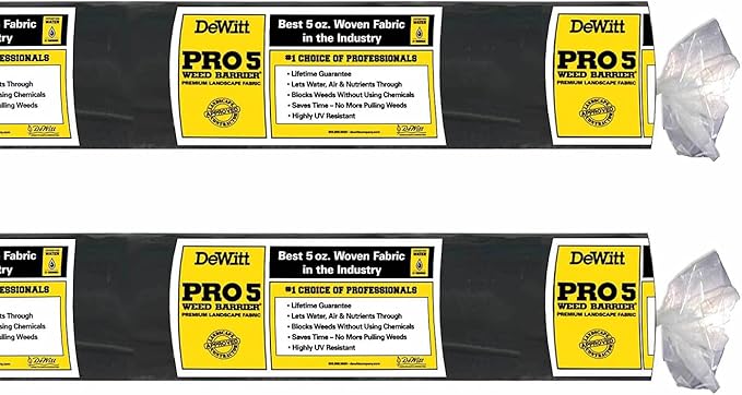 Dewitt 2-Pack Pro-5 Weed Barrier Fabric 5 oz, 5 x 250 Feet – Heavy-Duty Woven Landscape Ground Cover Mat for Raised Garden Bed, Greenhouse Gardening, Outdoor Landscaping, and Commercial Planting