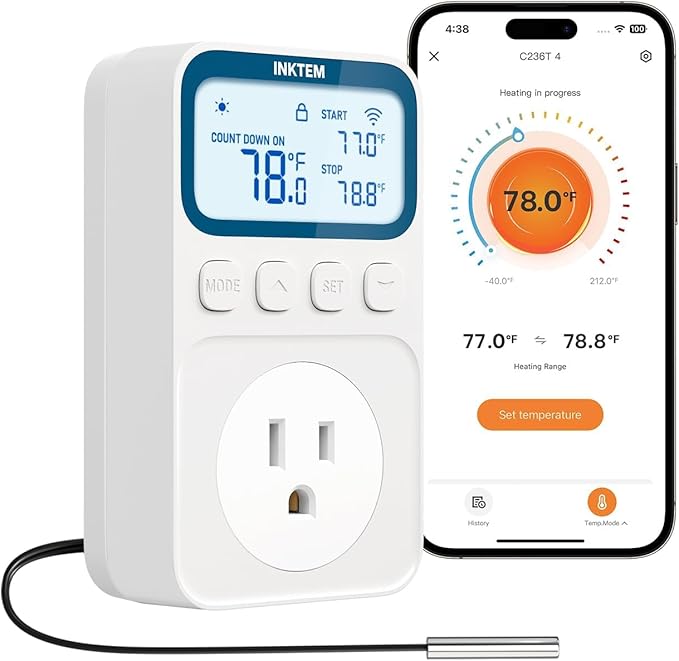 WiFi Plug in Thermostat Outlet, Temperature Controlled Outlet Space Heater, Duration Timer & Smart Memory Digital Temp Controller -40~212℉, IP67 Waterproof Probe for Incubator Homebrew Reptile