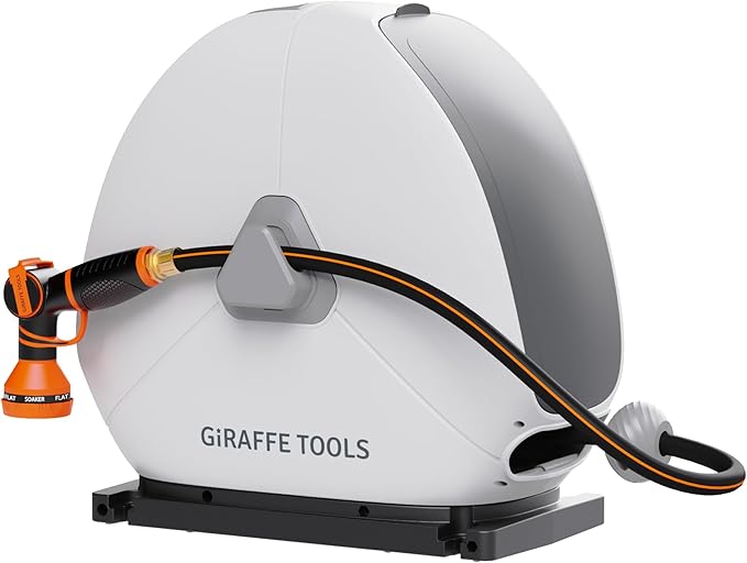 Giraffe Tools Ground Mounted Retractable Hose Reel 1/2 Inch x 82FT, Heavy Duty Automatic Rewind Garden Hose Reel, with Flexible Swivel Base for Lawn, Concrete Floor