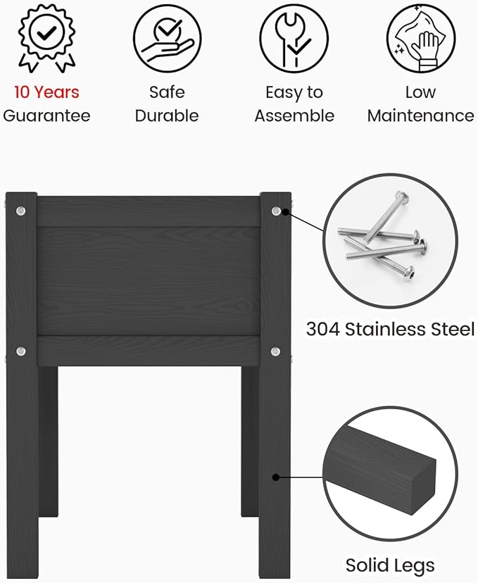 Small HDPE Raised Garden Bed, Elevated Planter Box with Legs, Outdoor All-Weather Planter Raised Beds for Seeds, Herbs, Flowers, Vegetables (Black)