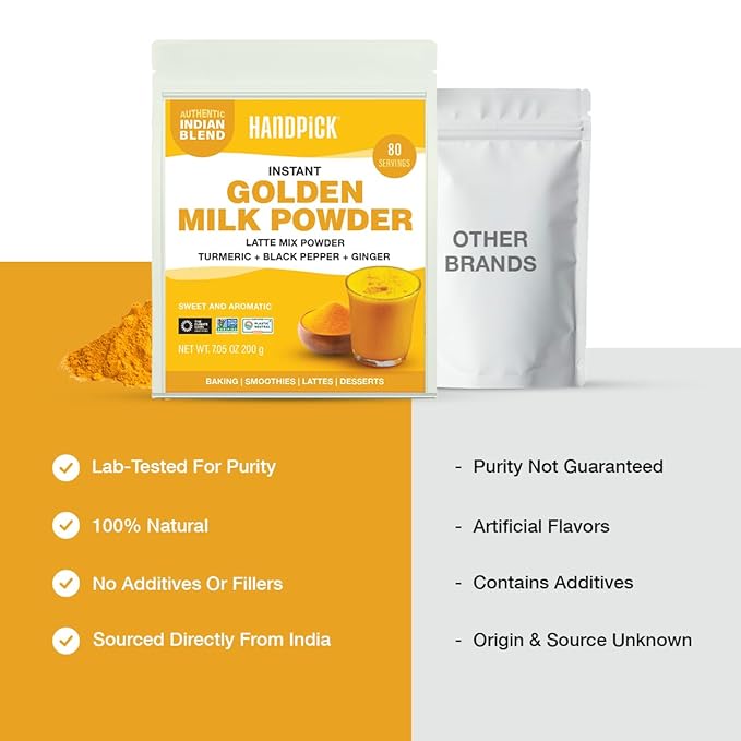 HANDPICK Golden Milk Powder with Turmeric - (7oz, 80 servings) Instant Latte Mix | Blend of Ginger, Black Pepper and Curcumin