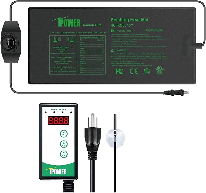 iPower Digital Heat Mat Thermostat Controller and 48" x 20.75" Carbon Film Seeding Warm Hydroponic Pad with Temperature Adjustable Knob