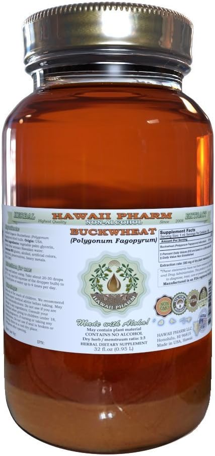 Hawaii Pharm Buckwheat Alcohol-Free Liquid Extract, Buckwheat (Fagopyrum Esculentum) Dried Sprouting Seed Glycerite Natural Herbal Supplement 32 oz Unfiltered