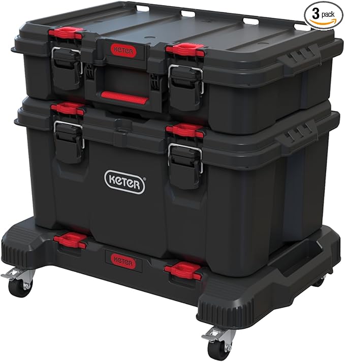 Keter Stack-n-Roll 3-Piece Rolling Tool Storage System – Includes Dolly, Tool Box & Deep Power Tool Case | Modular Mobile Tool Organizer | Stackable Design for Garage, Jobsite & Workshop
