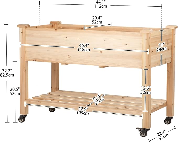 Raised Garden Bed with Lockable Wheels, 48x24x32 inch Elevated Wood Planter with Storage Shelf Protective Liner for Vegetable Flower Herb Outdoor Balcony Patio Backyard, Natural
