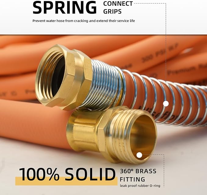 WiseFlow Garden Hose 150FT x 3/4", Heavy Duty Rubber Hose, Water Hose with Five Layered Braiding, Male Female Fittings, 1000PSI Burst, 300PSI Working (Orange)