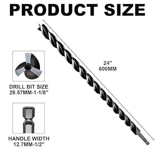 1-1/8"×24" Professional Auger Drill Bit for Wood with Quick Change 1/2" Hex Shank- 3-Cutter Design with Dual-Flute for Fast Chip Removal, Fits Hardwood, Softwood, PVC, Drywall & Tree Stumps