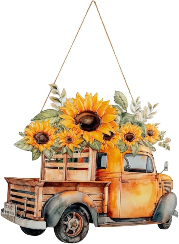 Quterhero Sunflower Truck Wall Decor, Metal Hanging Art for Home Porch or Indoor Outdoor Wall, Vintage Farmhouse Gift for Mom, Women, Friends(Yellow Truck)