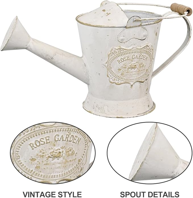 Vintage Metal Watering Can with Wooden Handle, Watering Can for Indoor/Outdoor Plants, Shabby Chic Decor for Home Balcony Courtyard Garden White
