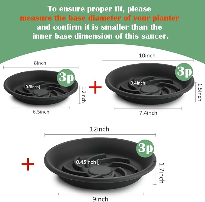 BTPLASTIK Plant Saucer 8 10 12 inch 9 Pack Set, Pot Elevators for Inside Plants, Heavy Duty Flower Planter Drip Trays for Pots, Grow Bags Saucers Gray