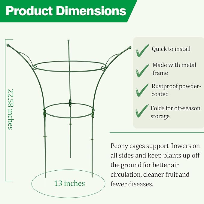6 Pack Peony Cages and Supports Cages 13" D x 22.8" H Heavy Duty Metal Support Frame for Peonies & Roses Natural Bouquet Shape Garden Stakes for Outdoor Plants Flowers Ornamental (Green)