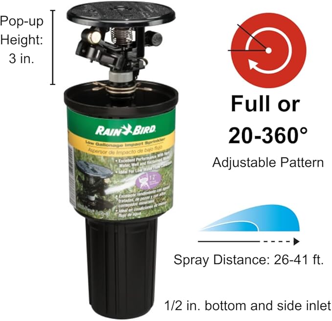 Rain Bird LG-3 Low Gallonage Pop-up Impact Lawn Sprinkler, Adjustable 20° - 360° Pattern, 26' - 41' Spray Distance
