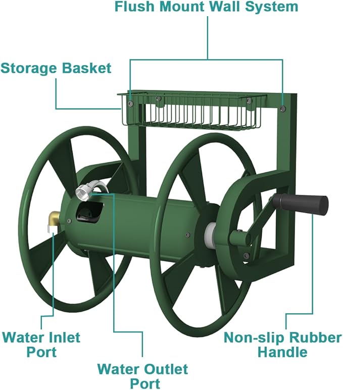 Garden Wall Mounted Hose Reel, Outdoor Heavy-Duty Water Hose Holder Winder, Holds 125 Feet of 5/8-Inch Hose, with 3.9 ft Leader Hose, Brass Fitting and Storage Basket for Yard, Green