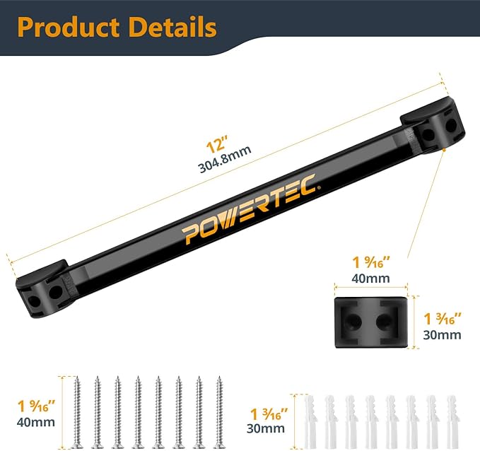POWERTEC Magnetic Tool Holder Strip 12" 8PK, Metal Magnet Tool Bar Organizers for Garage, Workshop & Kitchen w/Mounting Screws, Space Saving Shop Organization Accessories (71965-P2)