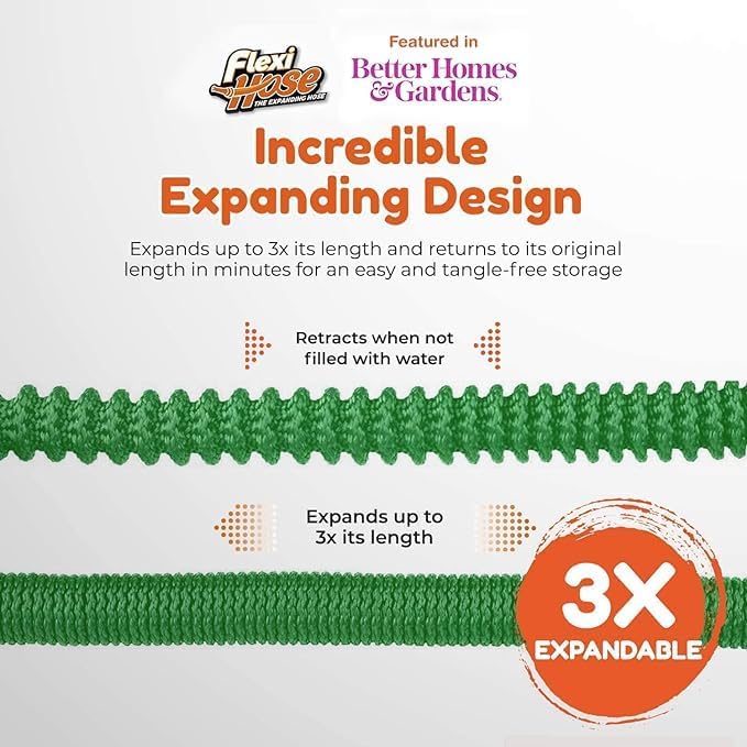 Flexi Hose with 8 Function Nozzle, 50FT - Lightweight Expandable Garden Hose, No-Kink Flexibility, 3/4 Inch Solid Brass Fittings and Double Latex Core - Green