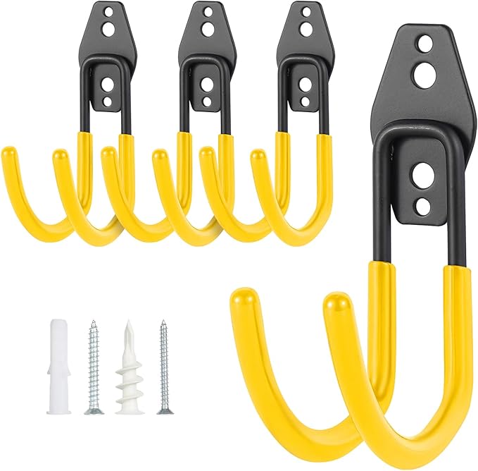 Hose Hanger Wall Mount,Heavy Duty Hose Holder with Screws Metal Hose Hangers for Outside,Hose Rack Suitable for Garage,Garden and Yard,Yellow, 4pack
