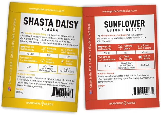 Gardeners Basics, Flower Garden Seeds for Planting Outdoors Flower Seeds (5 Variety Pack) Daisy, Marigold, Cosmos, Sunflower, Zinnia Varieties for Bees, Pollinators Wildflower Seed