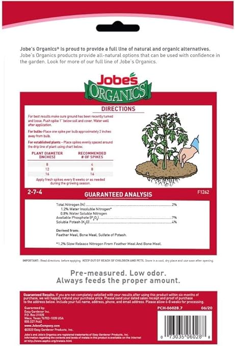 Jobe’s Organics Vegetable & Tomato Fertilizer Spikes, 2-7-4 Time Release Fertilizer for All Vegetables, Herbs and Tomato Plants, 50 Spikes per Package (4, 1 Pack)