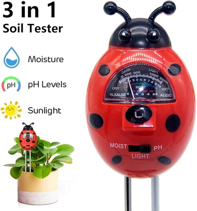 3-in-1 Soil Tester, Red Ladybug Shape Soil pH Meter 3-in-1 Moisture Light Soil Tester PH Hygrometer Garden Plant Stake Gardening Tool for Garden Farm Lawn Indoor Outdoor