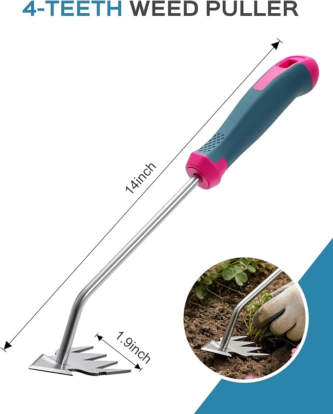 2026 Upgraded Weed Puller Tool, 4 Teeth Hand Weeder Tool with Ergonomic Handle, Heavy-Duty Stainless Steel Weed Remover for Garden, Lawn, Yard, Flower Bed & Vegetable Planting