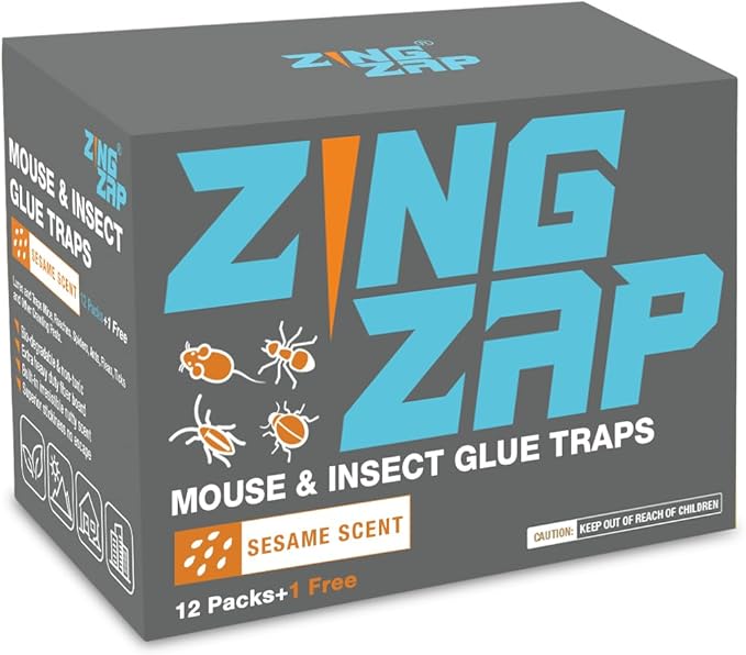 ZingZap Sticky Mouse Traps Glue Boards 13-PK, 3X Faster Catch with Built-in Sesame Scent, Extra-Heavy Fiber Glue Traps for Rats & Mice, Crawling Pests, 100% Biodegradable, Indoors Home & Commercial