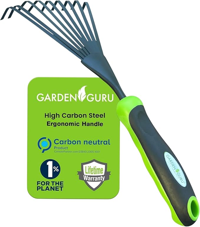 Garden Guru Hand Rake Soil Tiller Tool with Ergonomic Handle – Strong Carbon Steel - Rust Resistant – Great for Gardening, Cultivating, Loosening Soil & Spreading Mulch, Raking Flower Beds