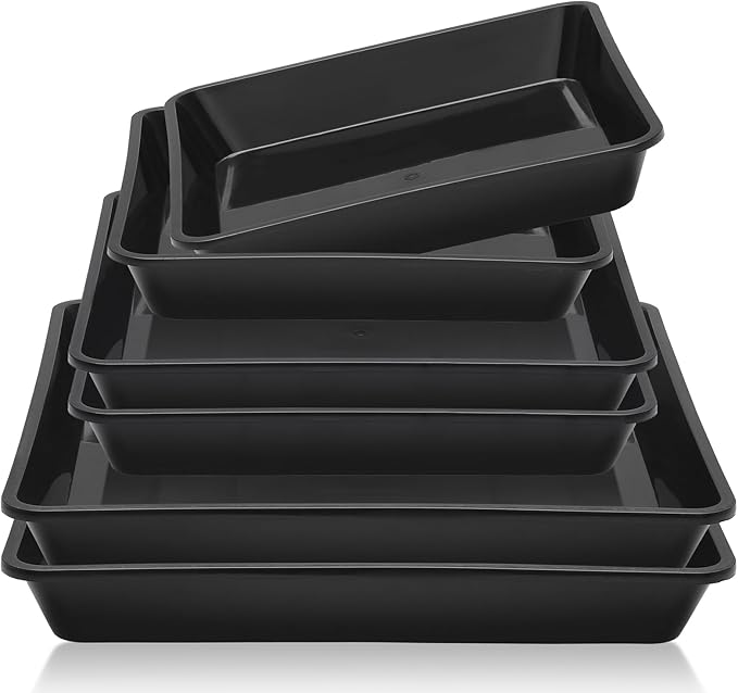 GREANER 8/10/12 Inch Square Tray, 6 Packs Heavy Duty Plastic Plant Plates to Catch Water, Plant Drip Trays No Holes(Black)
