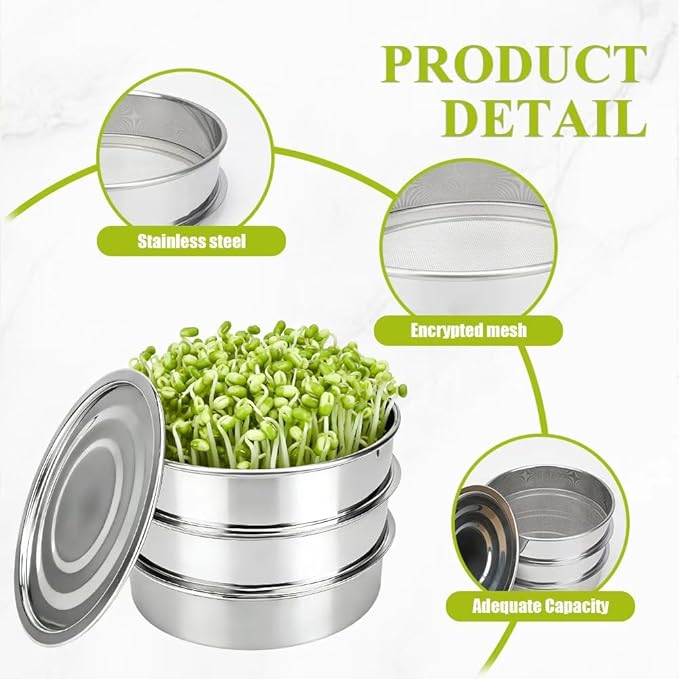 AKAZA 9" Stackable Stainless Steel Seed Sprouting Kit, 3-Tier Mesh Sprouting Tray,1 Base and 1 Cover Lid, Microgreens Propagator for Beans Peas Broccoli Wheat Grass (Clear)