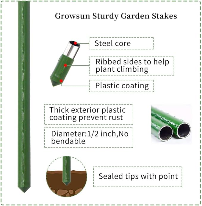 Growsun 6ft Tomato Stakes Plant Stake Supports Garden Fences Trellis Metal Plastic Coated Plant Cage Supports Climbing, Pack of 50