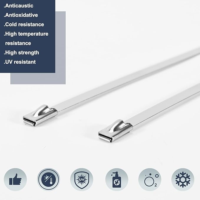 100-Pack Metal Zip Ties 11.8 inch, Heavy Duty 304 Stainless Steel Self-Locking Cable Ties for Outdoor Use, Multifunctional Cable Ties for Exhaust Wrap, Chain Link Fence Parts, Farms, Pipes