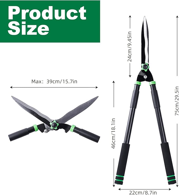 Hedge Shears 29.5" Manual Hedge Clippers with 15° Angle Precision Blades Plant Cutting Scissors for Trimming and Shaping Hedges, Shrubs, Boxwood, Tall Bushes