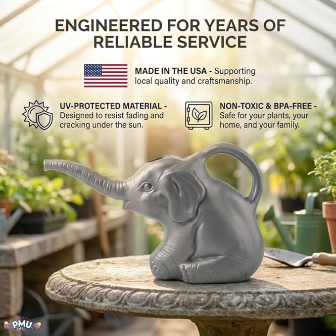 2-Quart Elephant Watering Can – Durable Plastic Garden Watering Can for Indoor & Outdoor Plants, Easy-Pour Spout, Large Water Pot, Gray