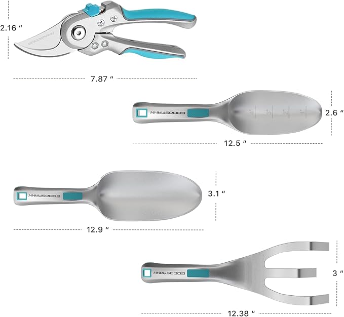 GOODSMANN Heavy Duty Garden Tools Aluminum Gardening Tools Set of 4 Includes Flower Garden Shovel Hand Trowel Weeding Cultivator and Garden Pruning Shears for Women/Men