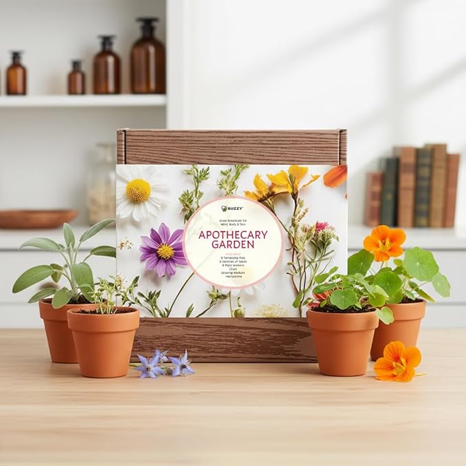BUZZY Seeds Apothecary Garden Wellness Kit with 9 Varieties of Non-GMO Flower and Herb Seeds, Terracotta Pots, Growing Medium, and Plant Markers, a Self-Care Gift for Holistic Living