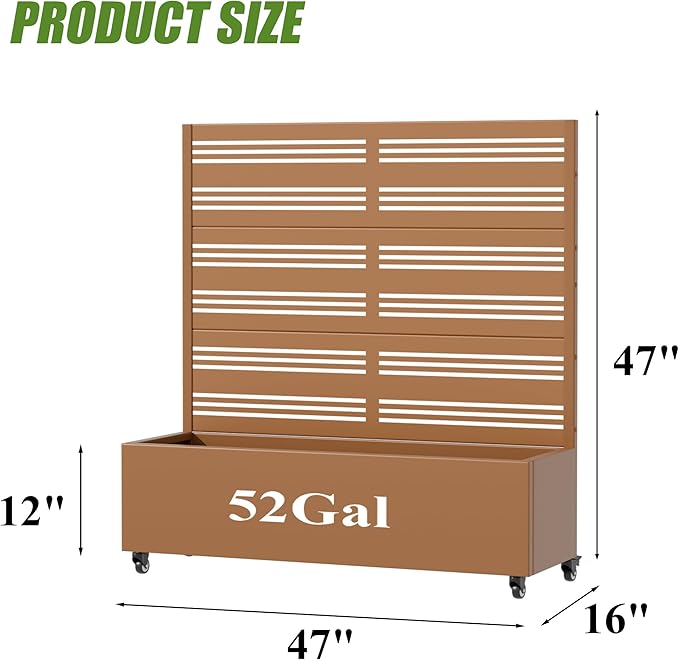 Casaphoria Metal Raised Garden Bed with Trellis and Wheels, 47"x47"x16" Planter Box for Climbing Plants, Vegetables & Vines, Features Drainage Holes and Privacy Screen, Brown-Harold