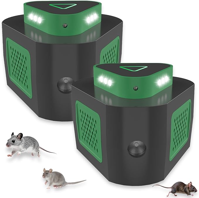 2 Pack Mice Rat Repellent for House Repellent Ultrasonic Mouse Deterrent,360°Mice Trap for House Indoor,Mouse Repellent with Flashing Light for Attic Basement Warehouse,4 Mode Switching