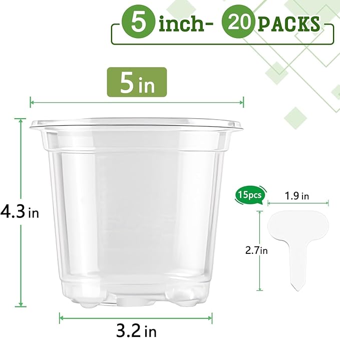 SupKing 5 Inch Clear Nursery Pots 20 Packs Durable Plastic Seed Starters Large Orchid Flower Pots with Drainage Holes for Transplanting Succulents Cuttings Seedlings Bonus 15 Plant Labels