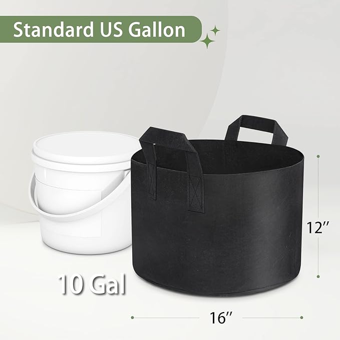GreatBuddy 10 Gallon Grow Bags 12-Pack, Thick Fabric Pots for Plants, Sturdy Handles & Reinforced Stitching, Labels Included, Black