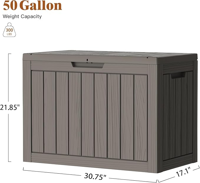 Outdoor Storage Box Deck Box, 50 Gallon Waterproof Deck Boxes, Package Delivery Boxes for Outside, Resin, Lockable Patio Storage Bins for Garden Tool, Cushion, Pool, Porch, Weatherproof & UV-Resistant