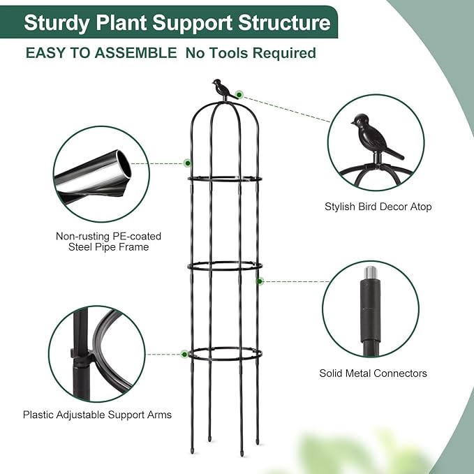 FOLLOOK Garden Trellis for Climbing Plant Outdoor, 67" Tall Round Cucumber Trellis Plant Supports for Vines Flower Climbing Rose Clematis Vegetable Tomato Trellis, 1PC, Black