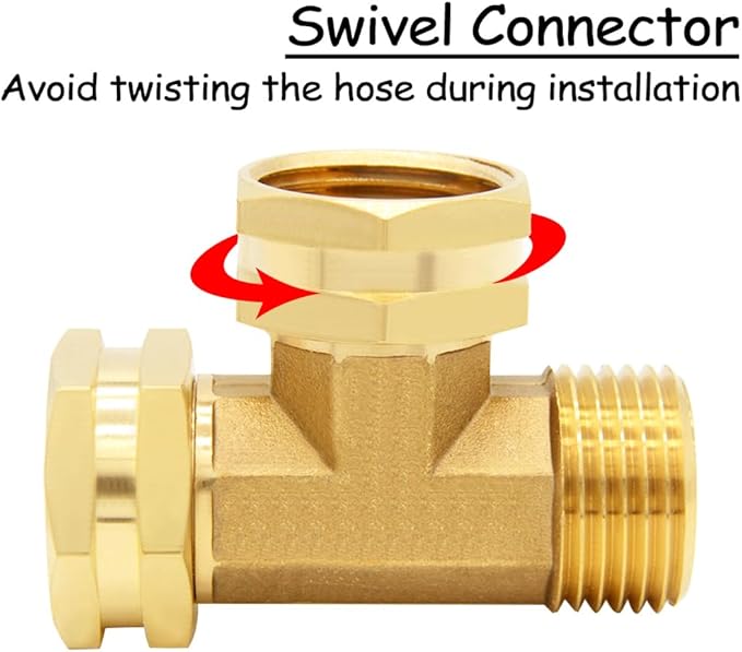2PCS Brass 3/4 Inch GHT Swivel Tee Pipe Fitting 3/4" GHT Female x Female x Male for Garden Hose Threaded Tube Pipe Fittings