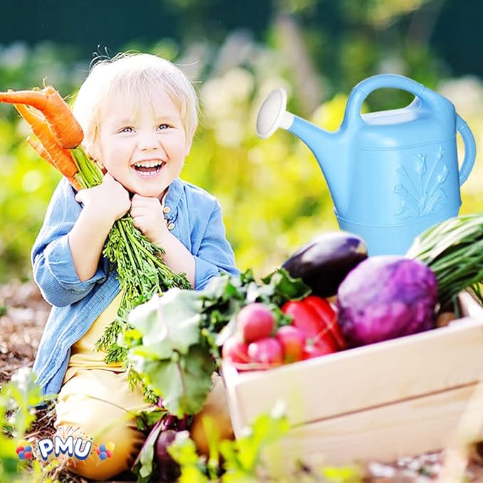 PMU 2 Gallon Watering Can - Garden Watering Can for Indoor & Outdoor Plants - Plastic Water Can with Detachable Sprinkler Head - Large Water Pot, Made in USA - Blue Pkg/12