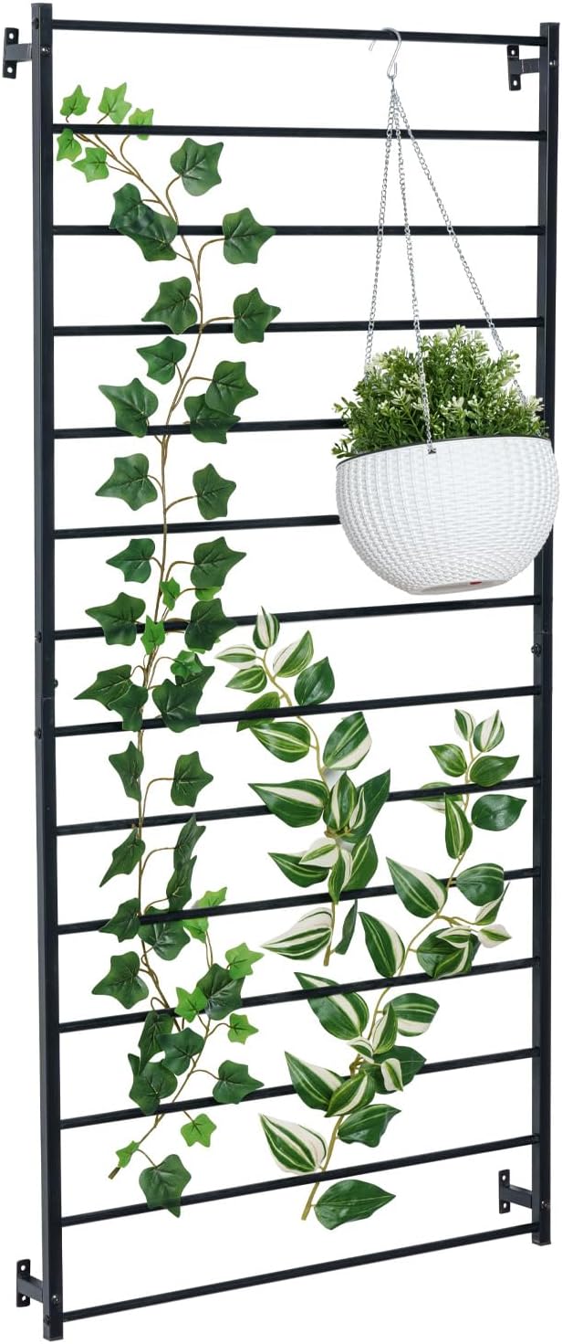 MyGift 4 Ft Tall Trellis, Black Metal Wall Mounted Garden Trellis for Climbing Plants Outdoor/Indoor, Large Wall Support Frame for Hanging Planters