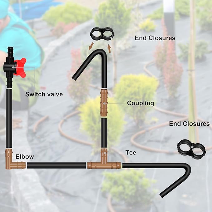 Outus 68 Pcs 1/2 Inch Drip Irrigation Fittings Drip Irrigation Fitting Kit Switch Tee Coupling Elbow and End Cap Plastic Plug Drip Irrigation Connector for Compatible Drip or Sprinkler System